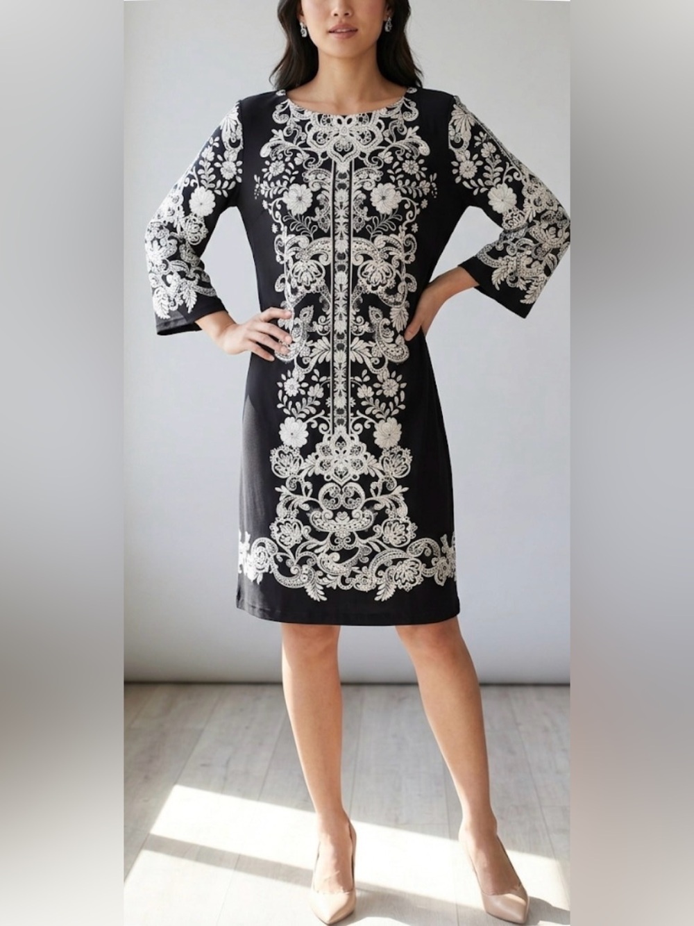 Studio One Knee length Black Dress with White Embroidered Motif -Sz PL - NWT